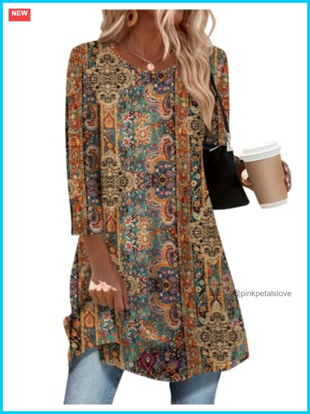 Women's Tunic Top 3/4 Sleeve Loose Fit Dressy Casual Blouse